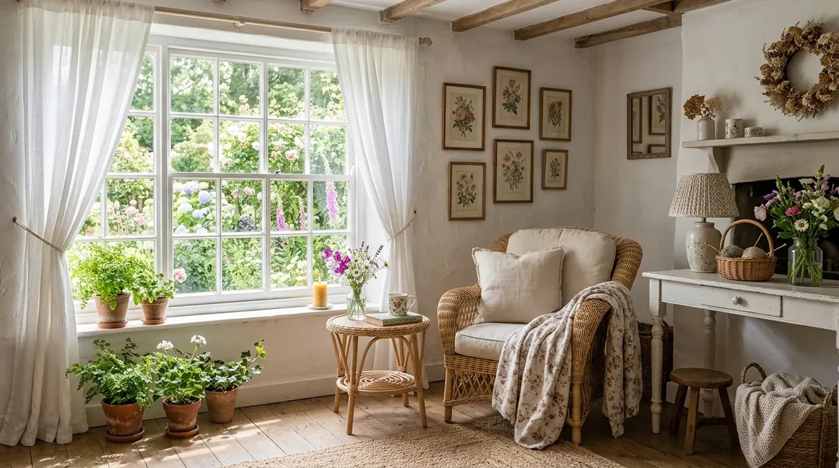 Storybook living room with rose wallpaper, vintage lamp, upholstered seating, and warm lighting.