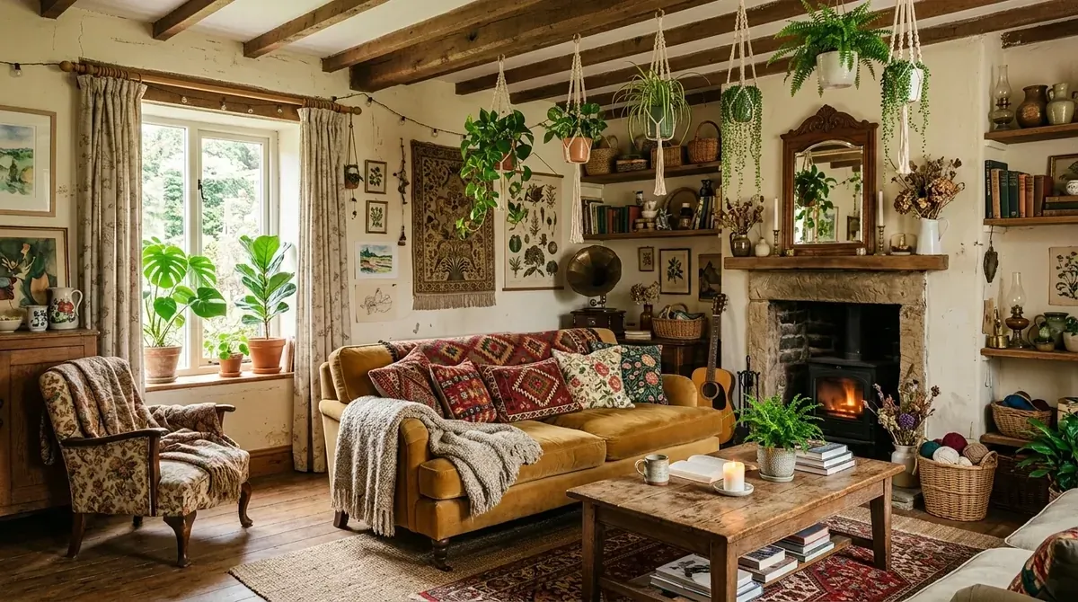 Bright cottagecore living room with white slipcovered sofa, floral accents, and airy windows.
