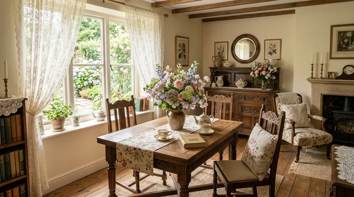 Living room with antique cabinet, mismatched seating, stacked books, and layered cottage details.