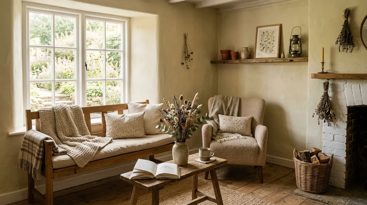 Cottage-style living room with botanical prints, soft green tones, and relaxed vintage decor.