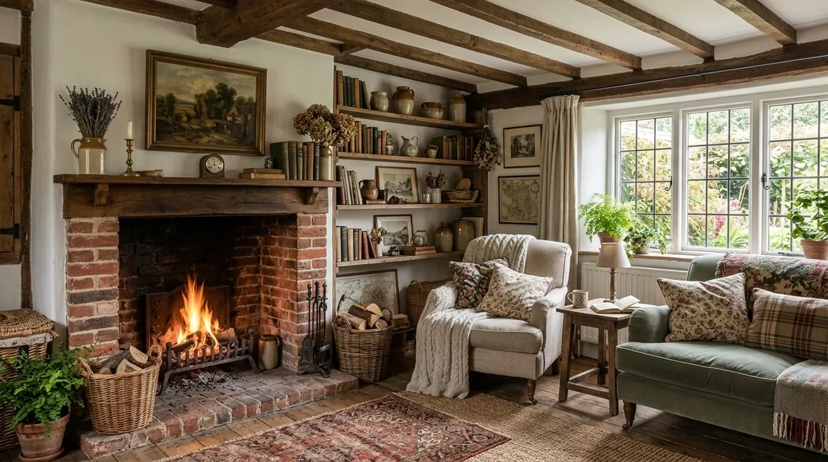 Cottagecore living room glowing with candles, fireplace light, and richly layered textiles.