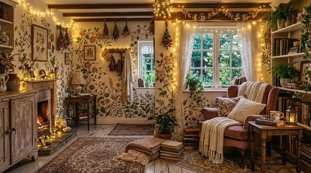 English cottage living room with rolled arm sofa, floral drapes, and cozy traditional fireplace.