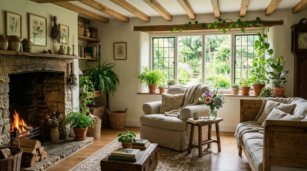Cottagecore living room with garden-facing windows, floral arrangements, and inviting layered seating.