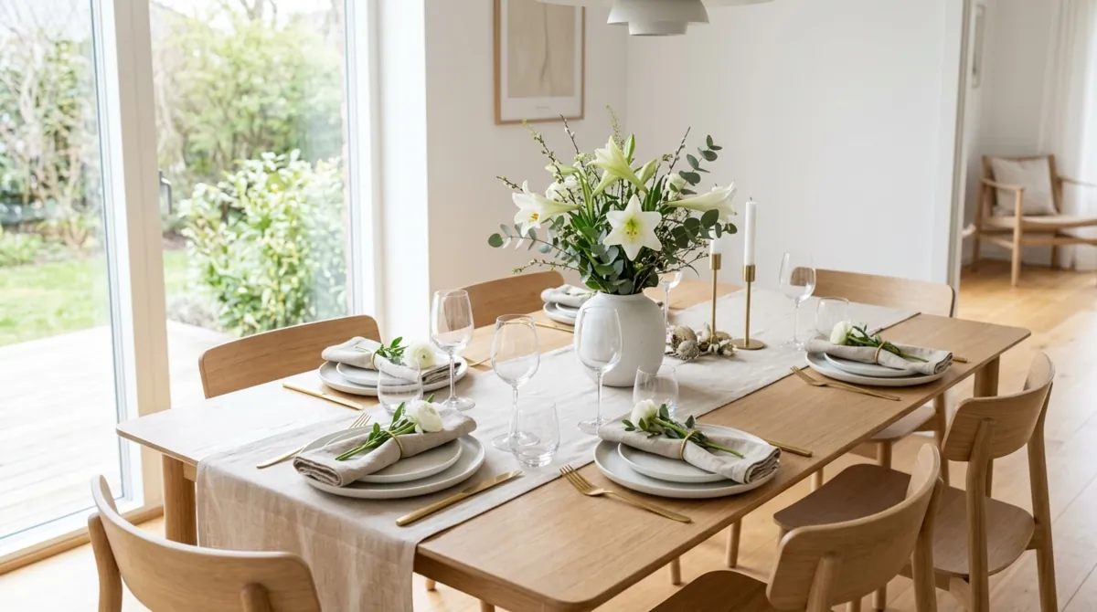 Charming Easter tablescape with pastel plates, tulips, lace runner, and bunny napkin holders.