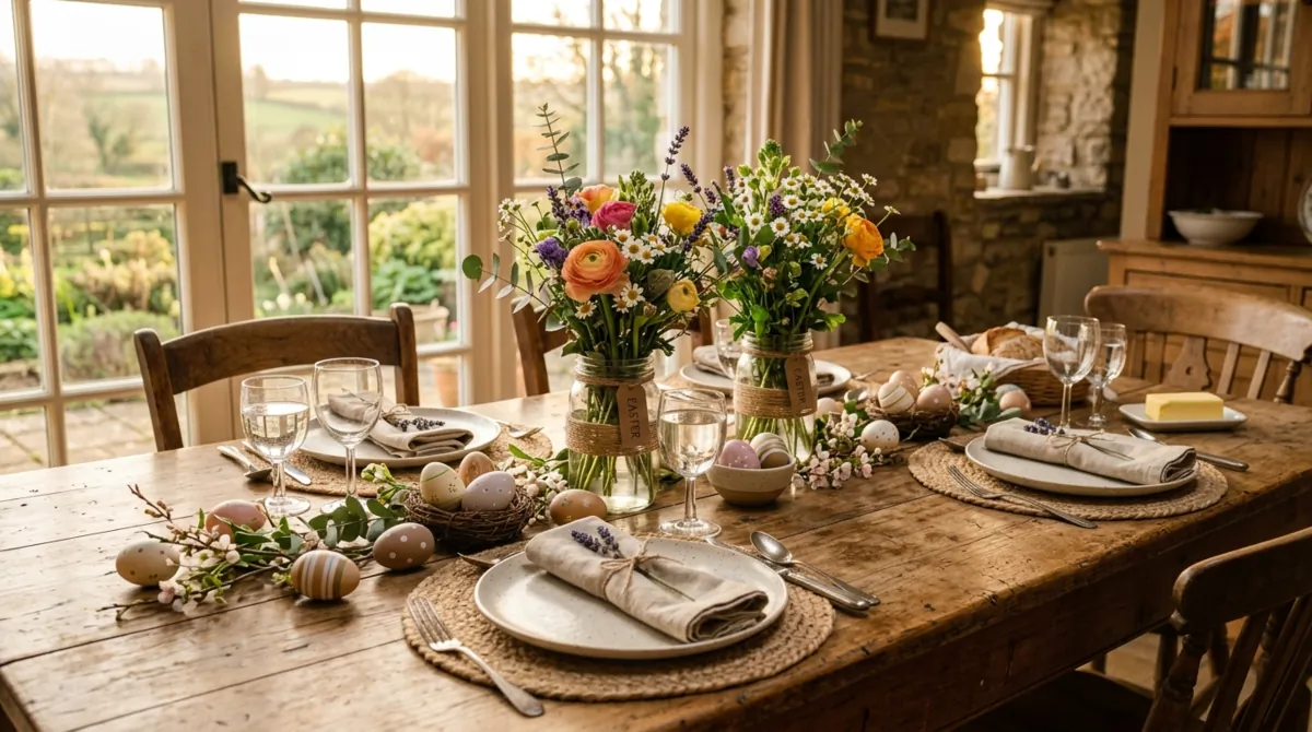 Minimal Easter table with white plates, gold cutlery, linen napkins, lilies, and greenery.