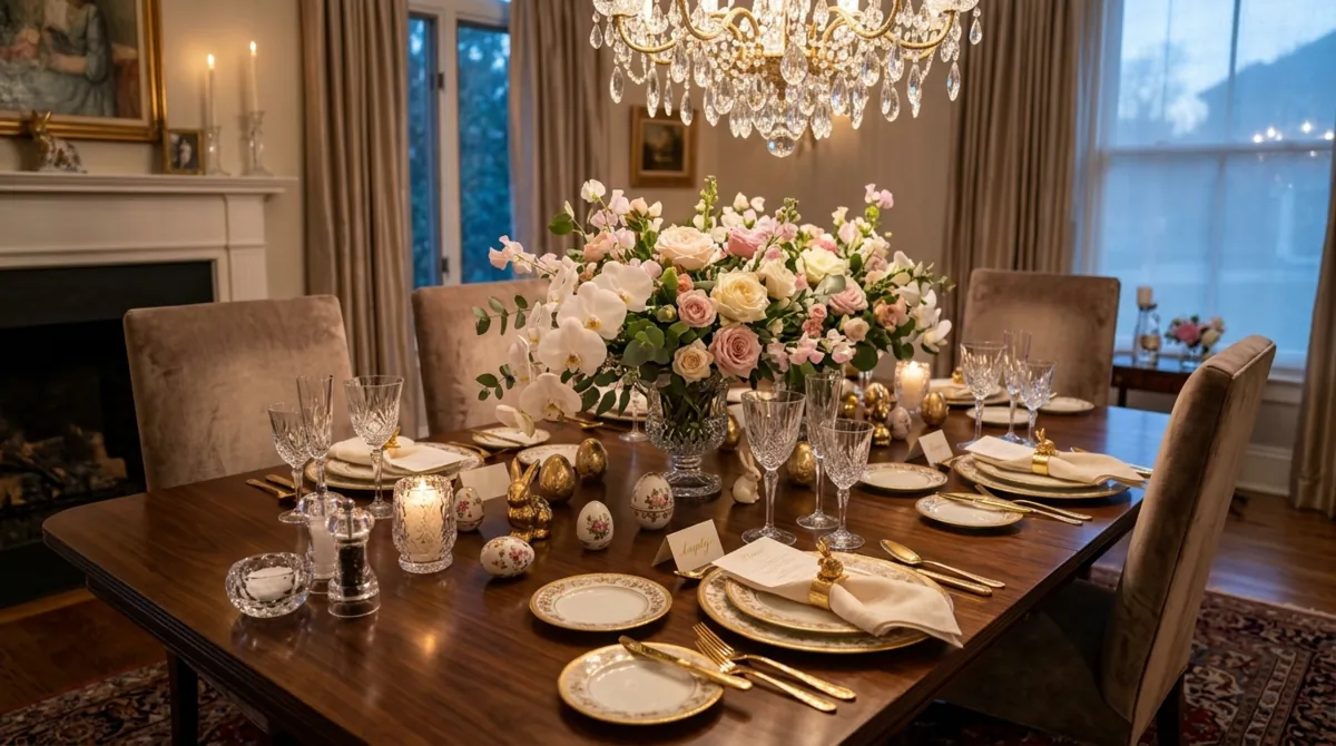 Rustic Easter tablescape with woven placemats, mason jar wildflowers, and painted eggs.