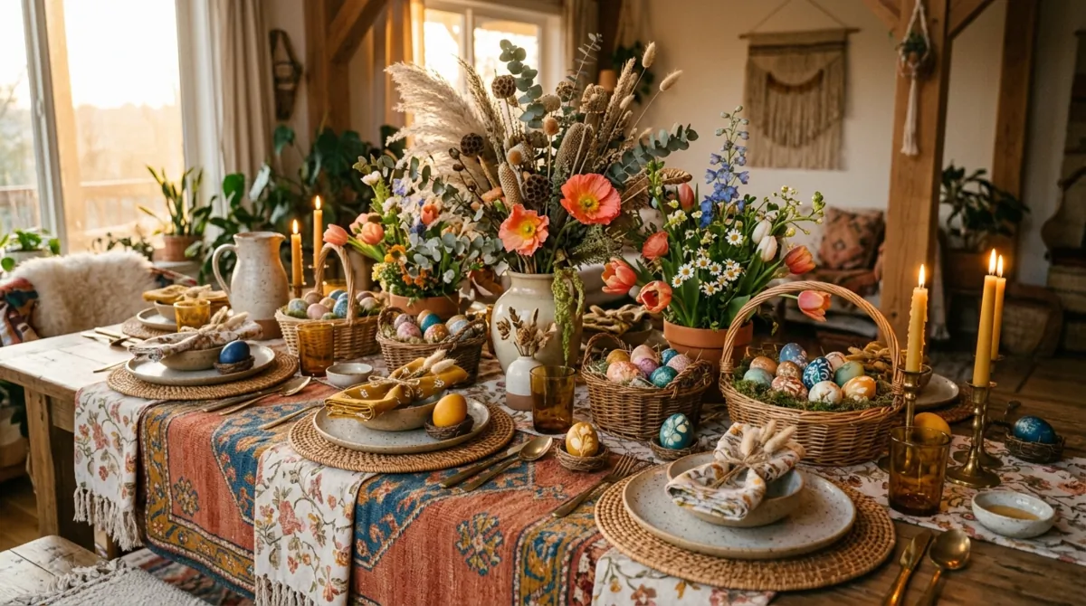 Luxury Easter dining table with crystal glassware, gold rim plates, orchids, and roses.