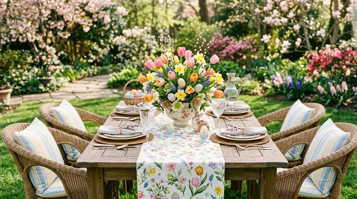 Bohemian Easter table with patterned cloths, rattan placemats, flowers, and dyed eggs in baskets.