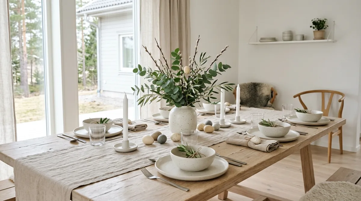 Outdoor Easter table with floral runner, tulips, daffodils, wicker chairs, and green lawn.