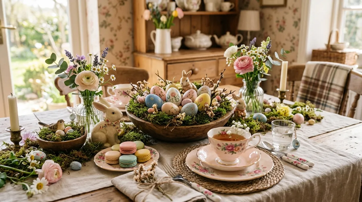 Scandinavian Easter table with pale wood, neutral ceramics, eucalyptus branches, and beige textiles.