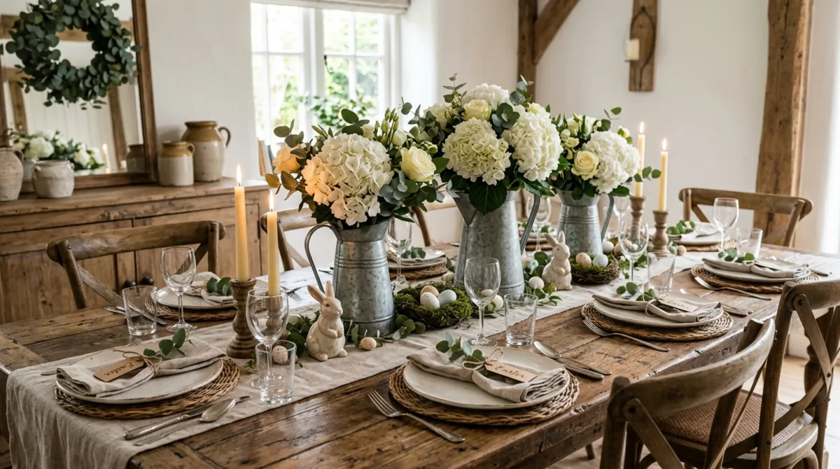 Whimsical Easter table with bunny figurines, pastel macarons, floral teacups, and eggs in moss bowls.