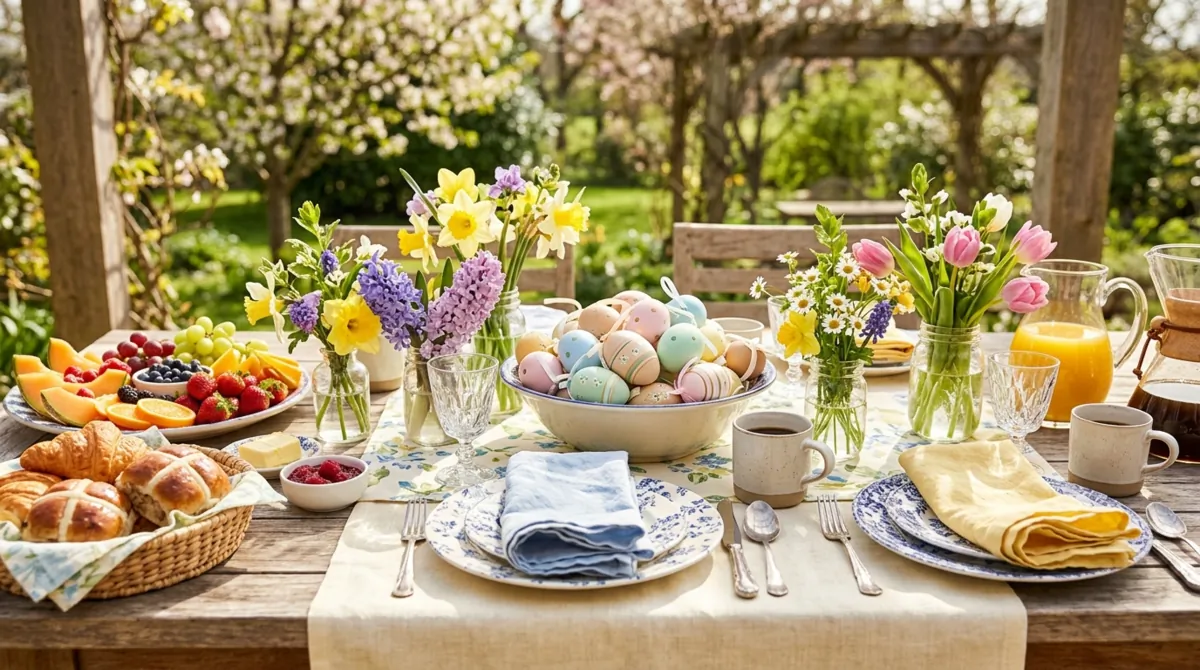 Farmhouse Easter table with distressed wood, metal accents, white hydrangeas, and linen runner.