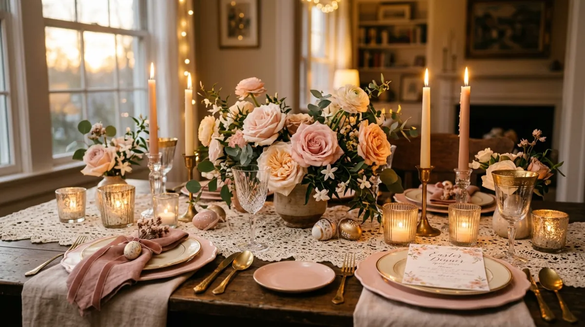 Colorful Easter brunch table with spring flowers, patterned plates, fruit platters, and pastel eggs.