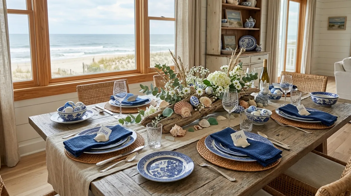 Romantic Easter table with blush roses, candle holders, lace runner, and pastel plates.