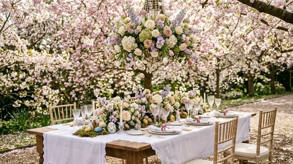Coastal Easter table with blue and white dishes, driftwood centerpiece, shells, and linen textures.