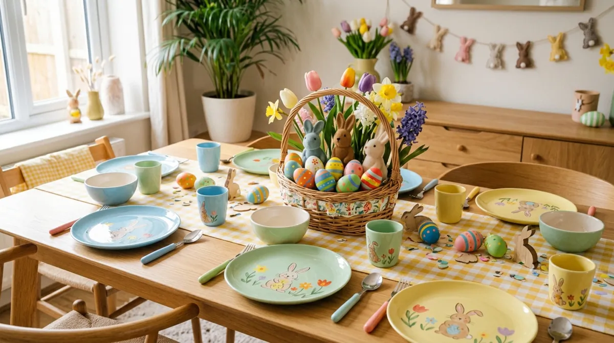 Luxury outdoor Easter table under blooming trees with white tablecloth, crystal glassware, and floral chandelier.