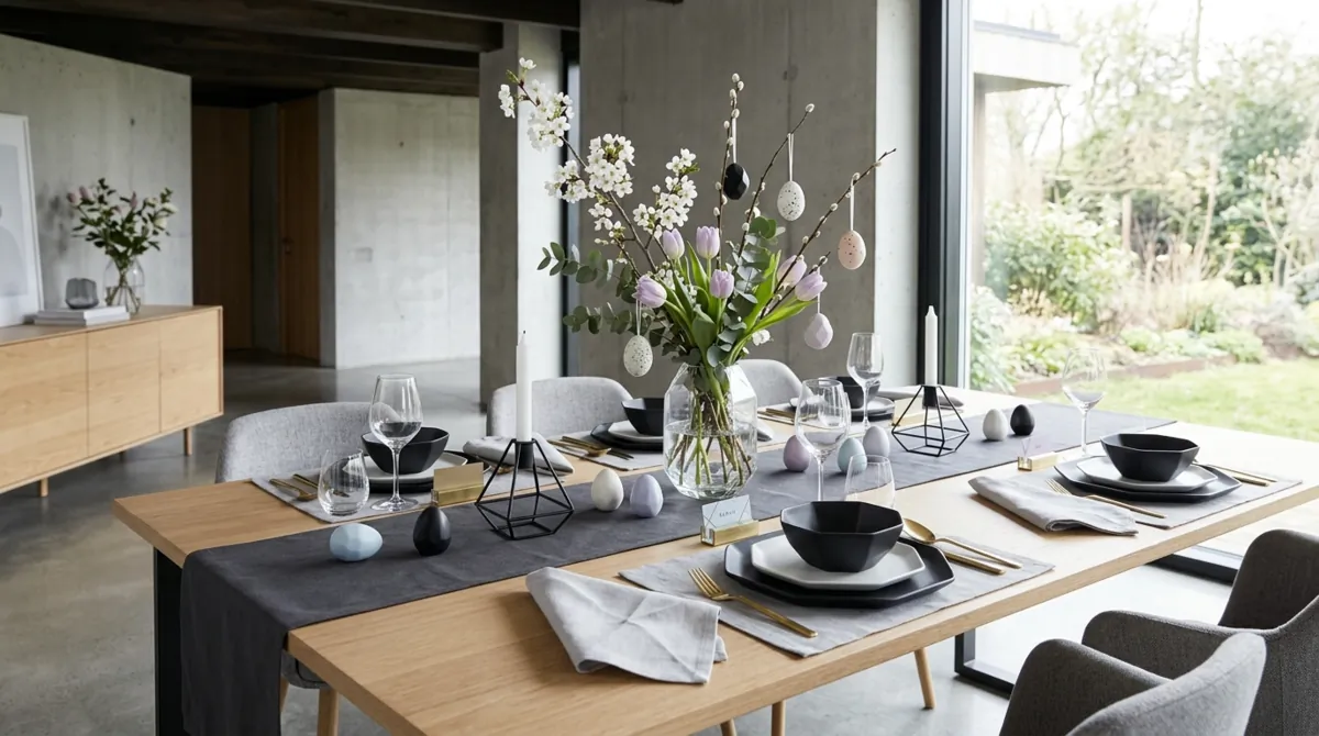 Playful Easter table with painted eggs, bunny motifs, bright pastel tableware, and spring decorations.