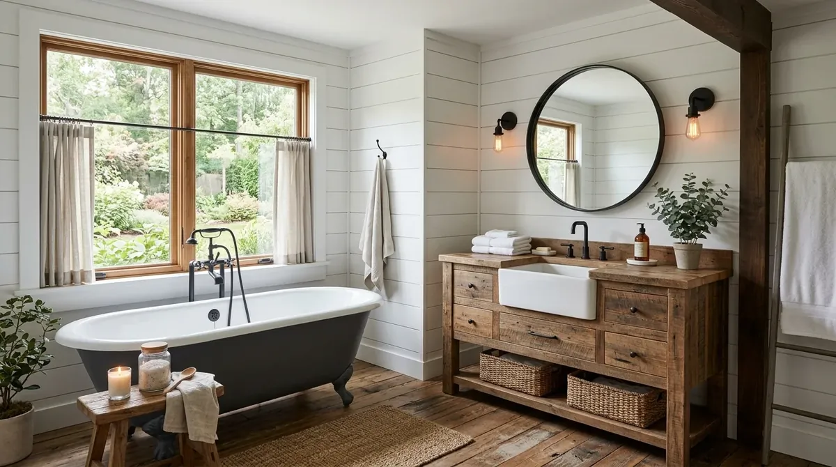 Farmhouse bathroom with wood vanity, shiplap wall, black hardware, and cozy rustic styling.