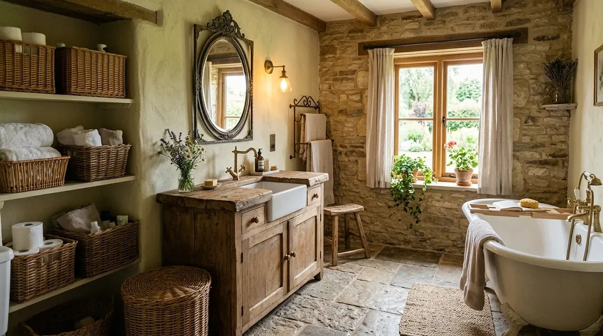 Bright farmhouse bathroom with white shiplap and classic warm contrast.