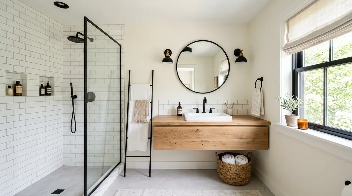 Bathroom with vintage mirror, simple vanity, and easy country charm.
