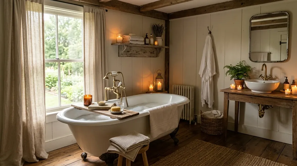 Farmhouse bath with woven baskets and practical layered organization.