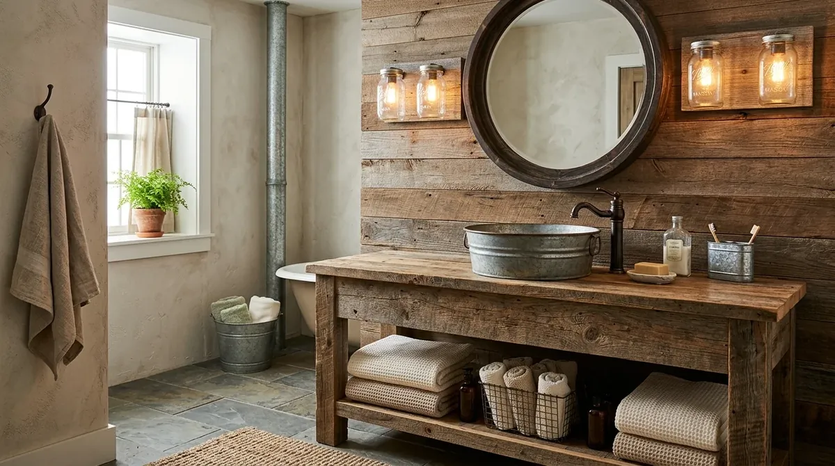 Bathroom with black accents, white walls, and crisp rustic definition.