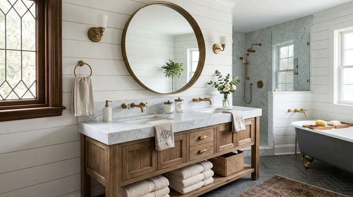 Farmhouse bathroom with double sinks, warm wood, and family-friendly storage.