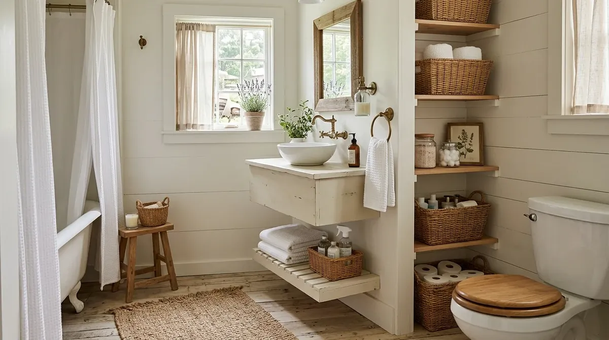 Bathroom with pale textiles and calm farmhouse warmth.