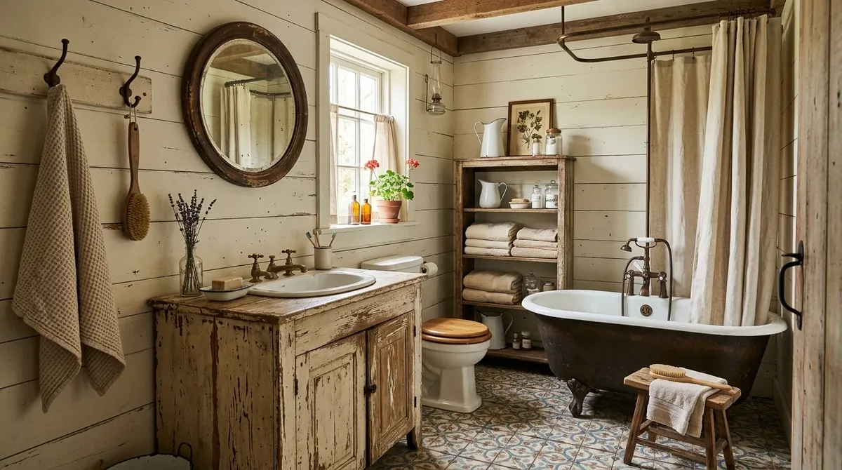 Farmhouse bath with tub, wood stool, and relaxed retreat-like styling.