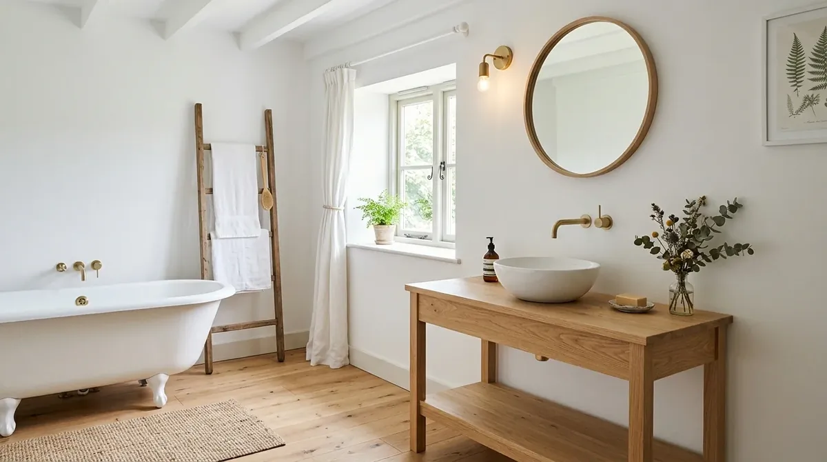 Bathroom with exposed brick note and layered rustic texture.