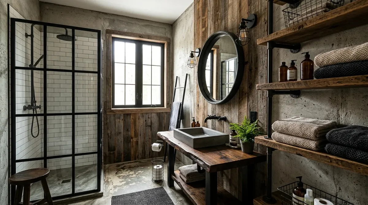 Small bathroom with farmhouse decor and compact charming detail.