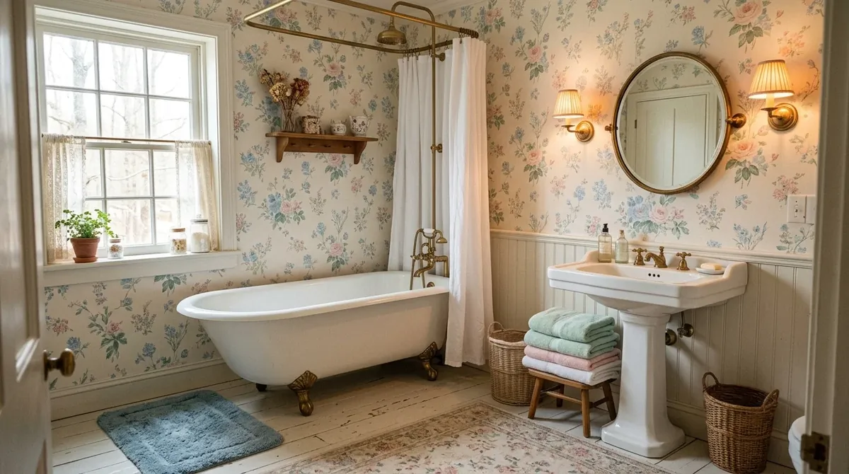 Bathroom with open shelves, rolled towels, and simple decorative warmth.