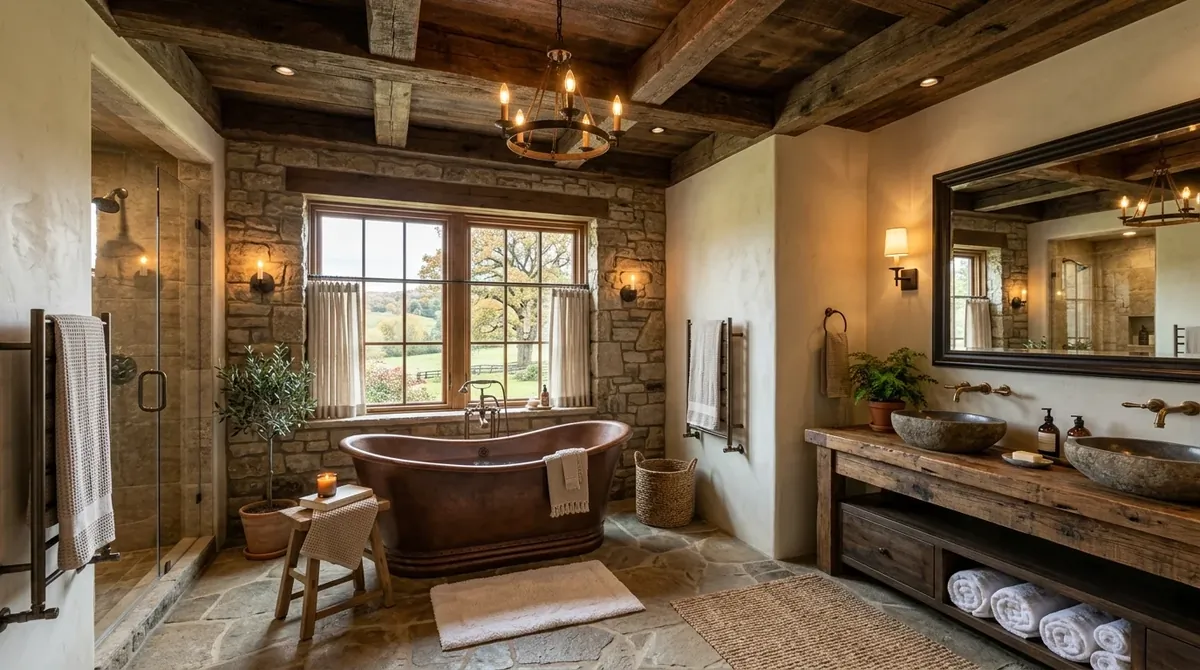 Farmhouse bath with refined lighting and a more polished country mood.
