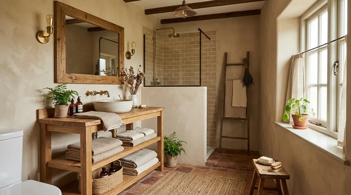 Bathroom softened with plants and natural materials.