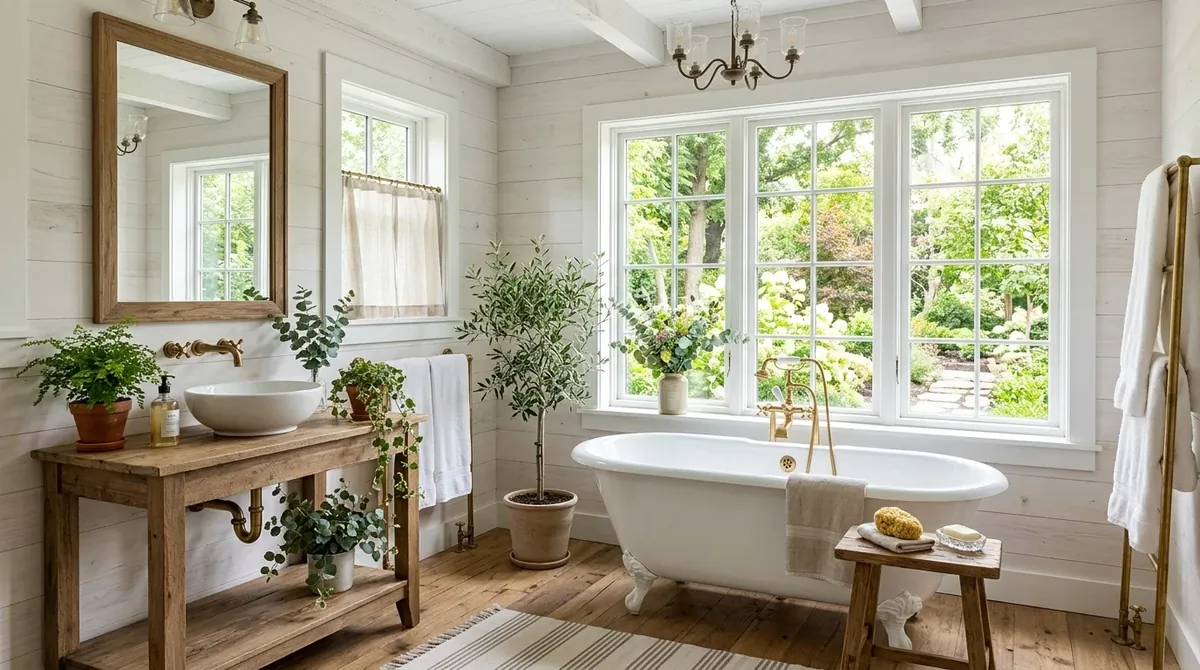 Rustic bathroom glowing warmly with layered soft light and relaxed comfort.