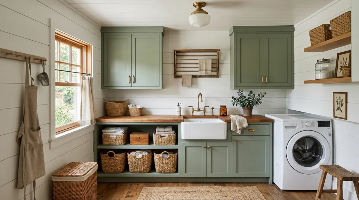 Farmhouse laundry room with shiplap walls, sage shaker cabinets, apron sink, butcher block, and warm daylight.