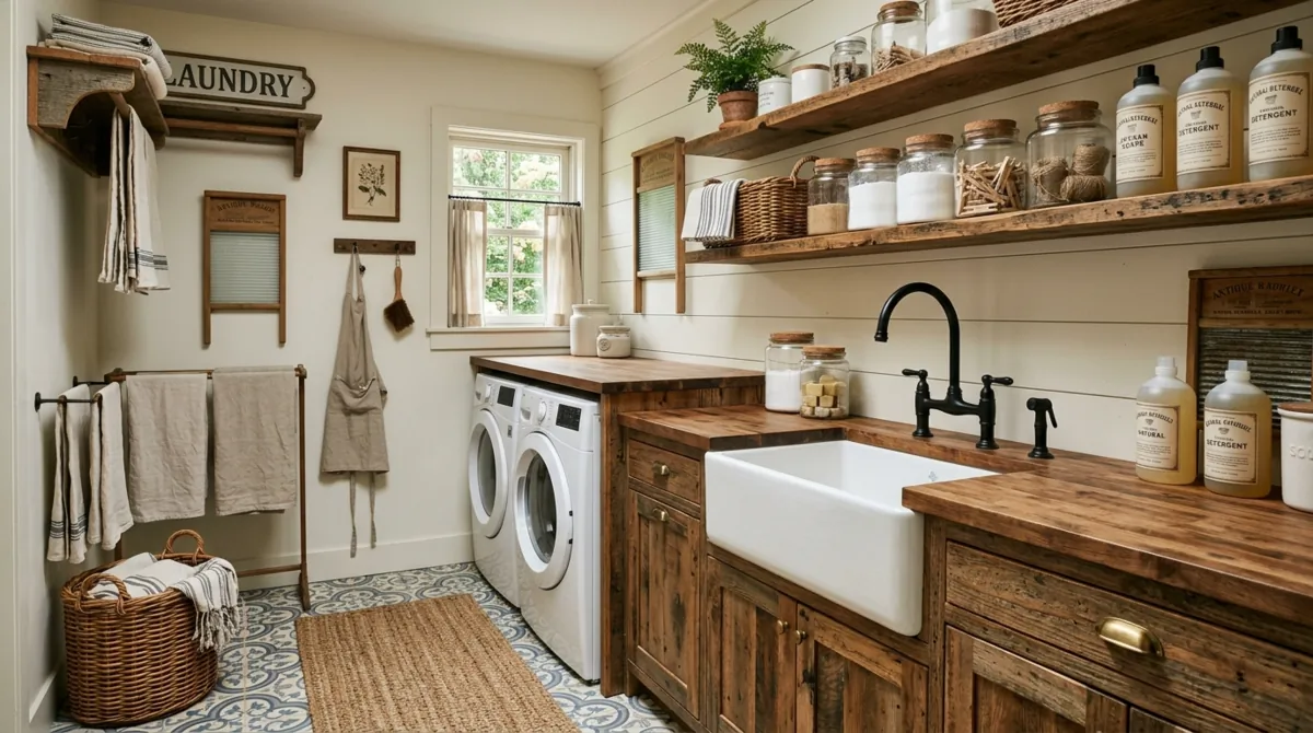 Rustic farmhouse laundry with distressed wood cabinetry, open shelves, patterned tile floor, and warm lighting.