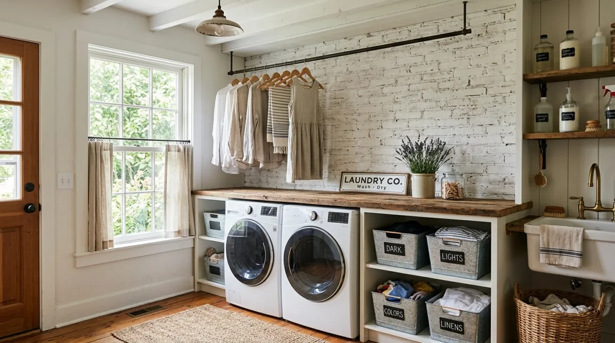 Bright farmhouse laundry room with whitewashed brick wall, reclaimed wood countertop, galvanized baskets, and airy light.