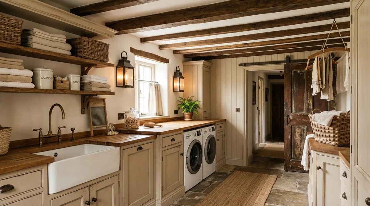 Elegant rustic laundry room with barn door, beige cabinetry, open shelving, lantern lighting, and wood beam accents.