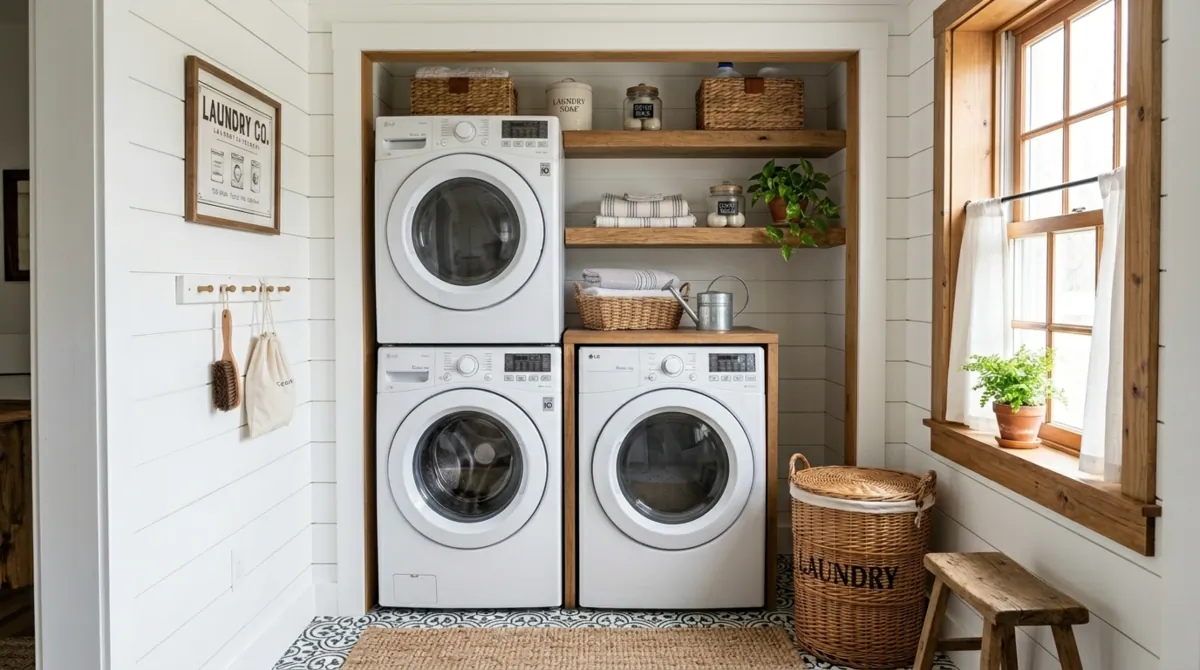 Compact farmhouse laundry nook with shiplap walls, stacked machines, wood shelves, wicker baskets, and patterned floor tile.