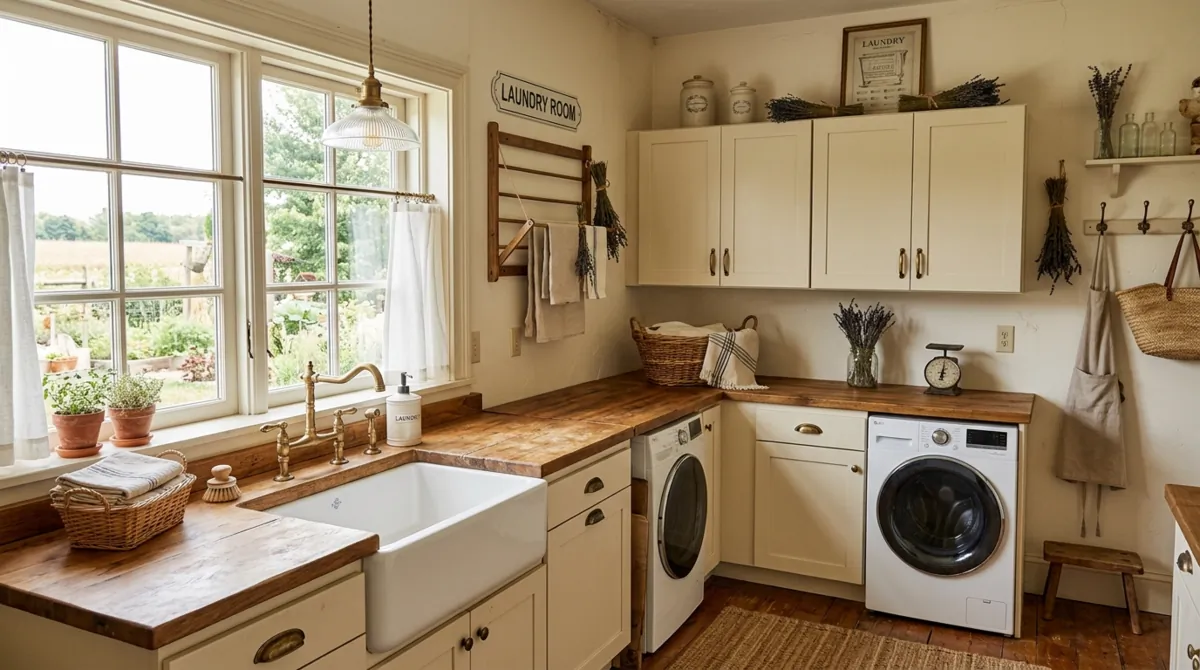 Classic farmhouse laundry room with cream cabinets, farmhouse sink, brass fixtures, butcher block counter, and lavender accents.