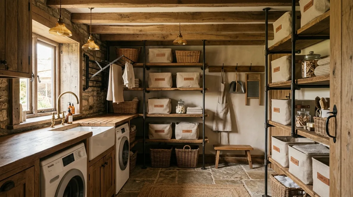 Rustic utility laundry room with exposed beams, stone-look floor, iron pipe shelving, and linen bins.