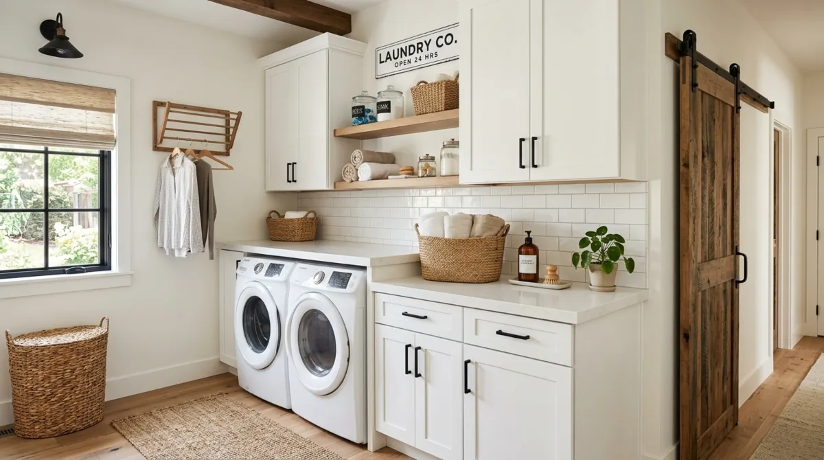 Modern farmhouse laundry room with white cabinets, black hardware, barn door, quartz counter, and subway tile.