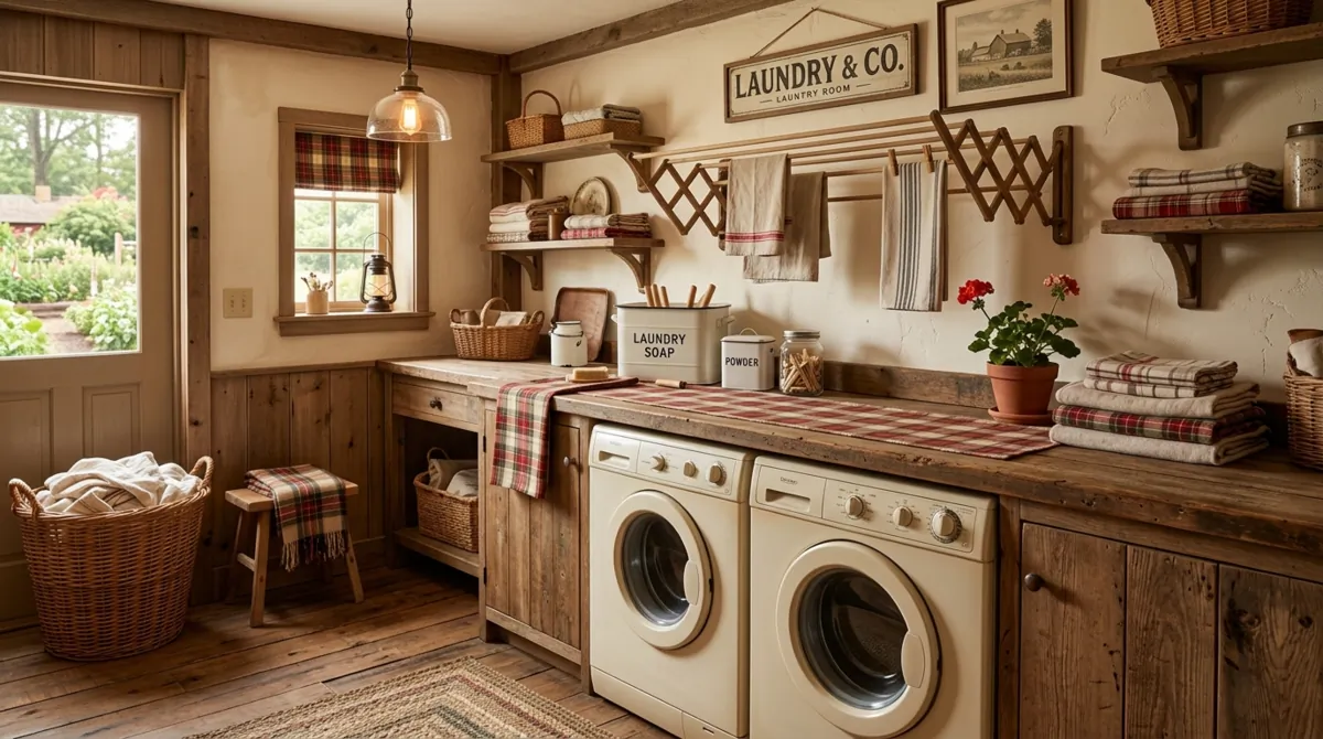 Cozy country laundry space with plaid accents, rustic wood counter, drying rack, enamel accessories, and warm ambient light.