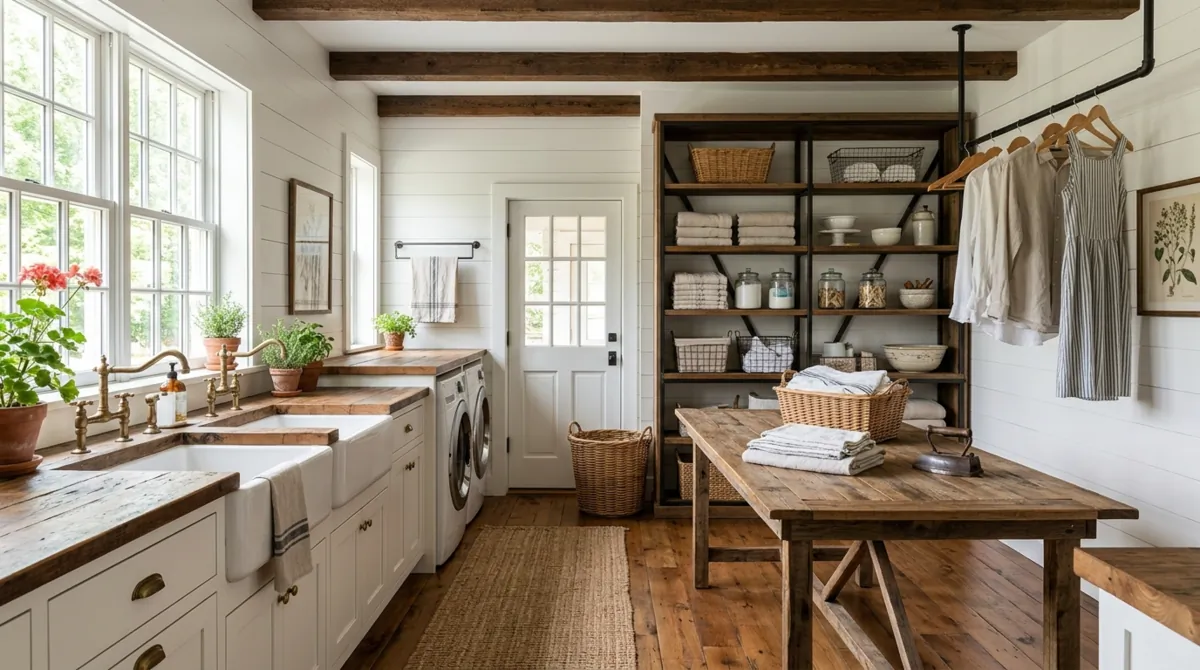 Spacious farmhouse laundry room with dual sinks, reclaimed wood table, open shelving, hanging rods, and natural sunlight.