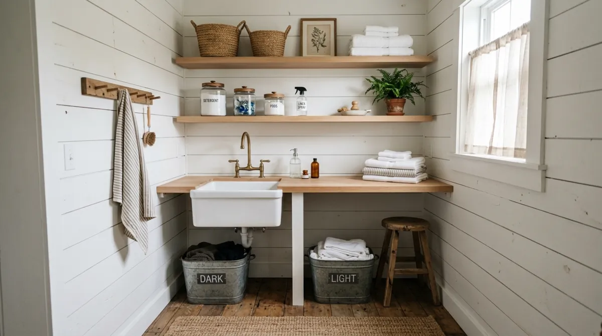 Minimal rustic laundry area with white shiplap, simple wood shelves, ceramic sink, and galvanized bins.
