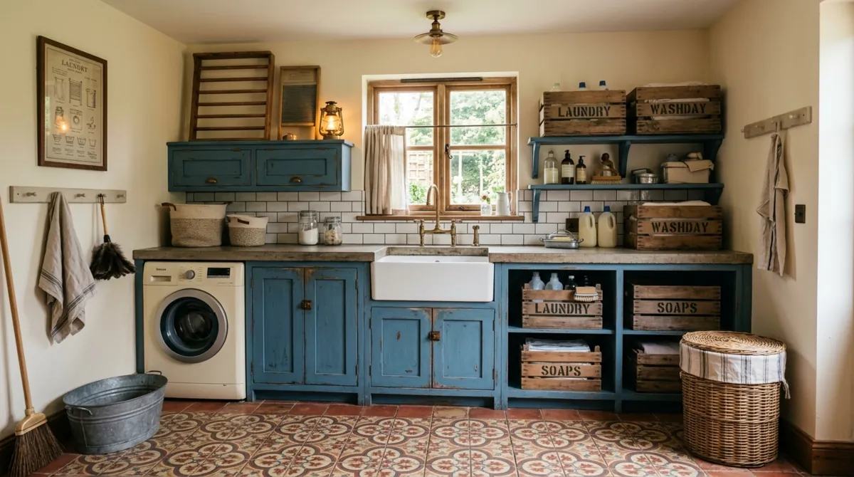 Vintage-inspired farmhouse laundry with terracotta tile floor, distressed blue cabinets, antique faucet, and wooden crate storage.