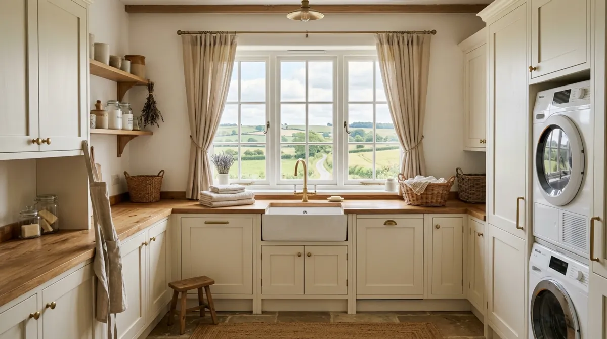 Elegant rustic laundry room with large countryside window, white cabinets, brass hardware, wood counter, and linen curtains.