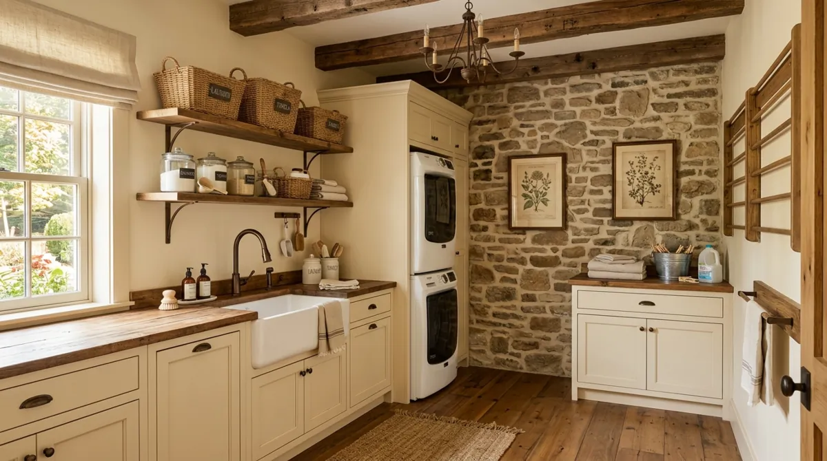 Warm farmhouse laundry room with stone accent wall, wood beams, built-in cabinetry, open shelves, and cozy lighting.