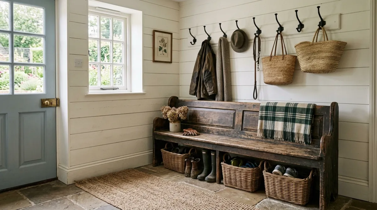 Farmhouse mudroom with shiplap walls, reclaimed wood bench, iron hooks, and woven baskets.